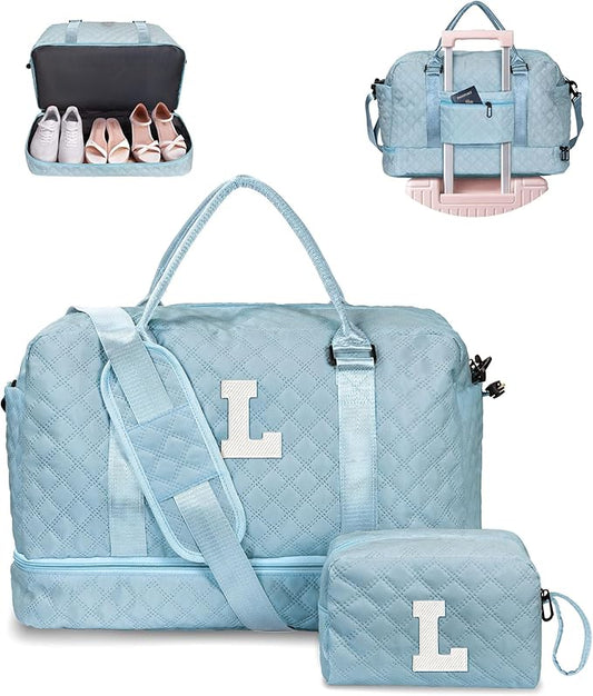 Personalized Gifts-Girls Duffle Bag with Shoe Compartment, Personalized Weekender Bag, Monogram Overnight Bag, Letter Travel Bag with Makeup Bag，Birthday Gift For Women Girl (Letter L)