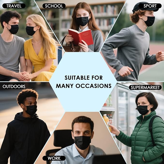 NNPCBT Black Disposable Face Masks 50PCS 3 Ply