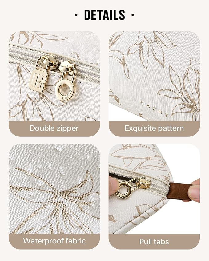 EACHY Travel Makeup Bag, Large Capacity Cosmetic Bags for Women, Waterproof Portable Pouch Open Flat Toiletry Bag Pattern Make up Bag (F-Beige)