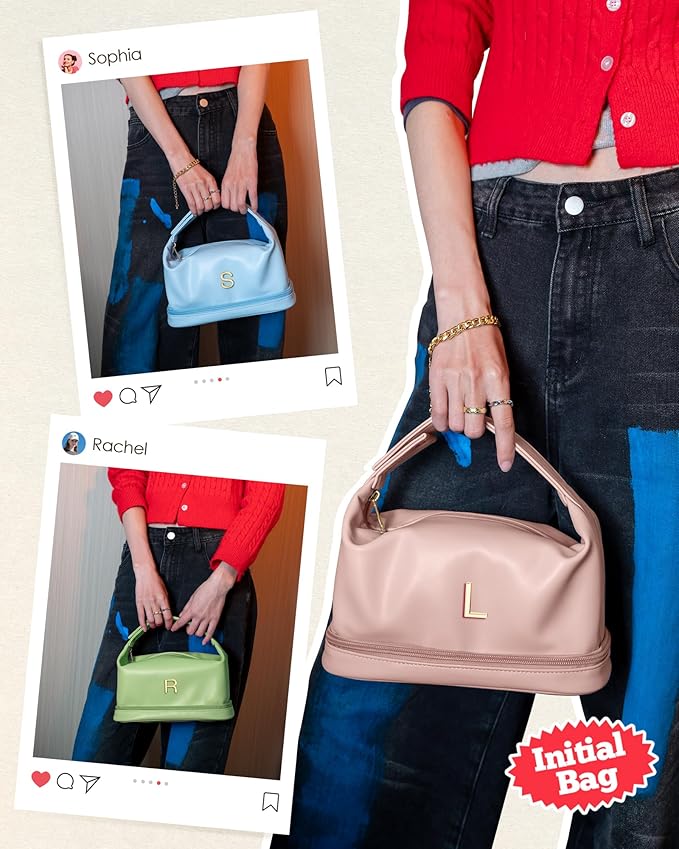 Graduation Gifts for Daughter-Initial Cosmetic Bag Handle, PU Leather Makeup Bags Letter Travel Toiletry Bag with Makeup Brush Organizer-Bridesmaid Proposal Gifts-Daughter Graduation Gifts