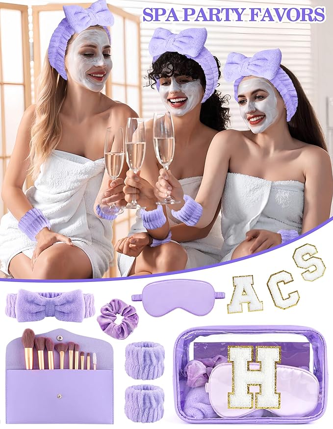 Gift Sets for Women, Initial Makeup Bag with Makeup Brush Set Bachelorette Party Favors, Purple Spa Kit with Skincare Headbands Wrist Bands Sleepover Party Supplies Gifts for Teen Girls Bridesmaid H