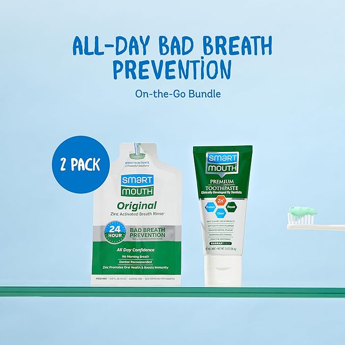 SmartMouth TSA Approved Travel Toothpaste & Oral Rinse - SmartMouth Original Activated Oral Rinse Packs & Travel Size Premium Toothpaste, 3.4 Ounce