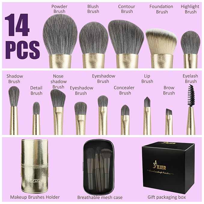 Jilier Travel Makeup Brush Set, 14 pcs Mini Makeup Brushes for Foundation, Powder, Eyeshadow, Highlight, Contour, Blush & Concealer, Small Makeup Brush Set Purse Size with Case