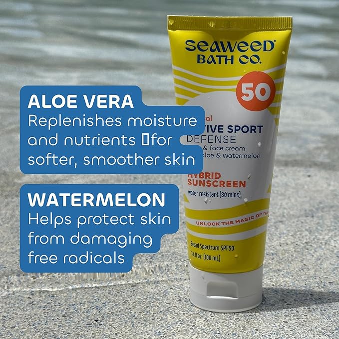 Seaweed Bath Co. Active Defense SPF 50 Sport Broad Spectrum Hybrid Sunscreen Cream, 3.4 Ounce (Pack of 2), Sustainably Harvested Seaweed, Aloe, Watermelon