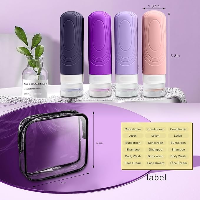 GLAMFIELDS Travel Bottles for Toiletries TSA Approved, 3oz Size Leak Proof Silicone Travel Containers for Shampoo, Lotion,Easy to Squeeze Portable, Essentials for Traveling (4 Pack) Purple