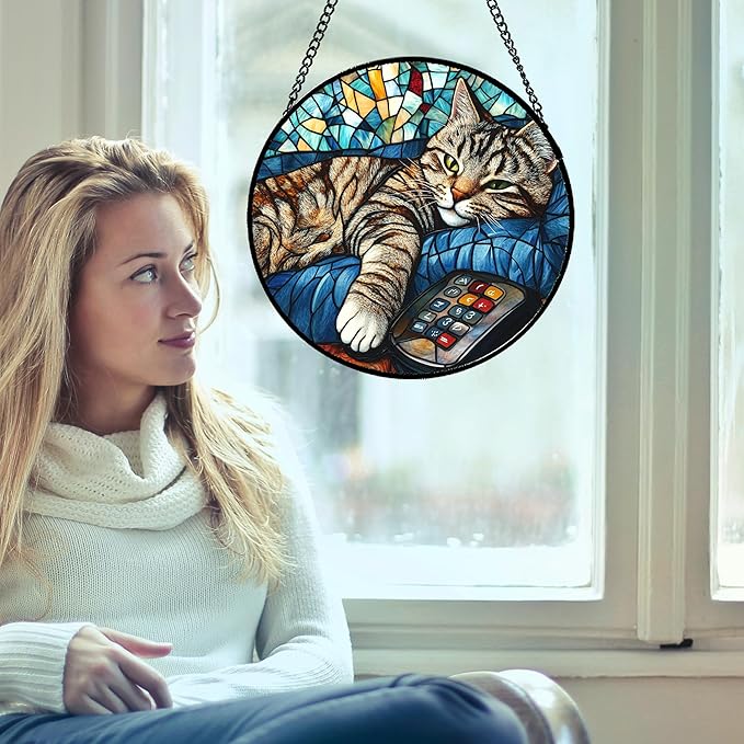 Stained Glass Window Hanging Gray Cat and Remote Control Large 11.8" - Suncatcher Door Garden Kitchen Sun Catcher Home Decor Birthday for Lost Pets Mom Men Woman Friend Grandma