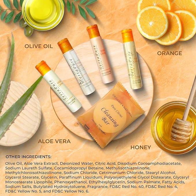 Terra Pure Wild Citrus Toiletries Set | 1-Shoppe Amenities Kit | 1oz Shampoo, Conditioner, Body Wash, Lotion, 1oz Bar Soap | 150 Pieces