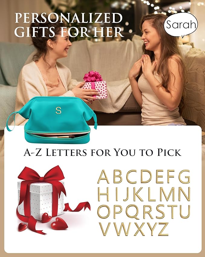 Daughter Birthday Gift for Her, Makeup Bags, Waterproof Double Layer Cosmetic Bag, Large Capacity PU Leather Makeup Bags Letter Travel Toiletry Bag, Initial Gifts for Coworkers