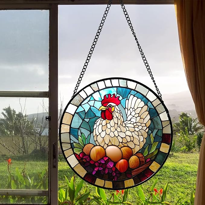 Stained Glass Window Hanging White Chicken Hatching Eggs Large 11.8" - Suncatcher Door Garden Sunroom Sun Catcher Home Decor Birthday Christmas for Mom Men Woman Nana