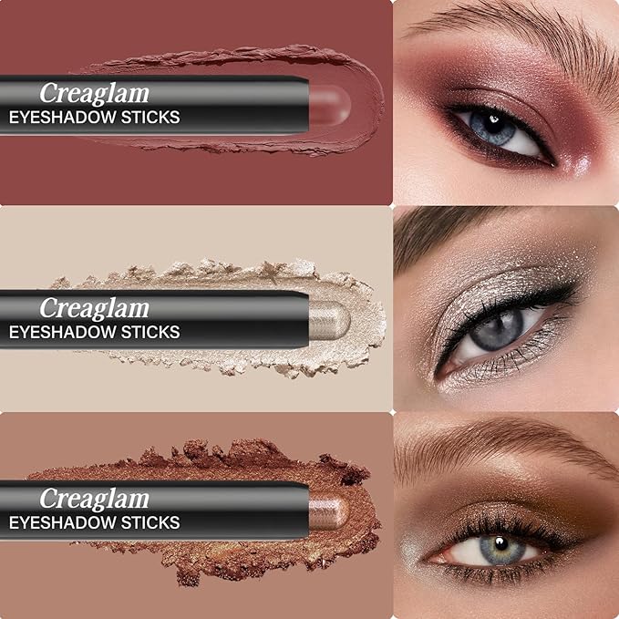 Eyeshadow Stick 3Pcs Set, Metallic & Shimmer Shades for Bold Looks, Waterproof & Smudge-Proof Pencil, Color Includes Arabian Spice, Brush Shimmer, Lion Gold, 1.9g Each