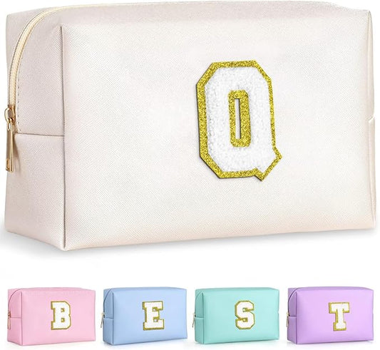 TOPEAST Initial Makeup Bag for Travel, Chenille Letter Pouch Cosmetic Bag, PU Leather Waterproof Toiletry Bag, Personalized Gifts for Bride Bridemaids, Cute Things for Girls (White Q)