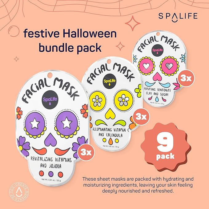 SpaLife Dia de Muertos Facial Mask Variety Pack - 9 Count for Hydrating and Refreshing Skin Care Korean Sheet Masks - Moisturizing Face Mask Sheets for Spa-Like Skin Rejuvenation