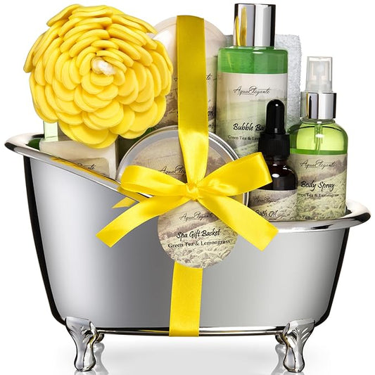 Spa Gift Baskets For Women - Luxury Bath Set With Green Tea & Lemongrass - Spa Kit Includes Body Wash, Bubble Bath, Lotion, Body Butter, Soap, Shower Puff, and Towel
