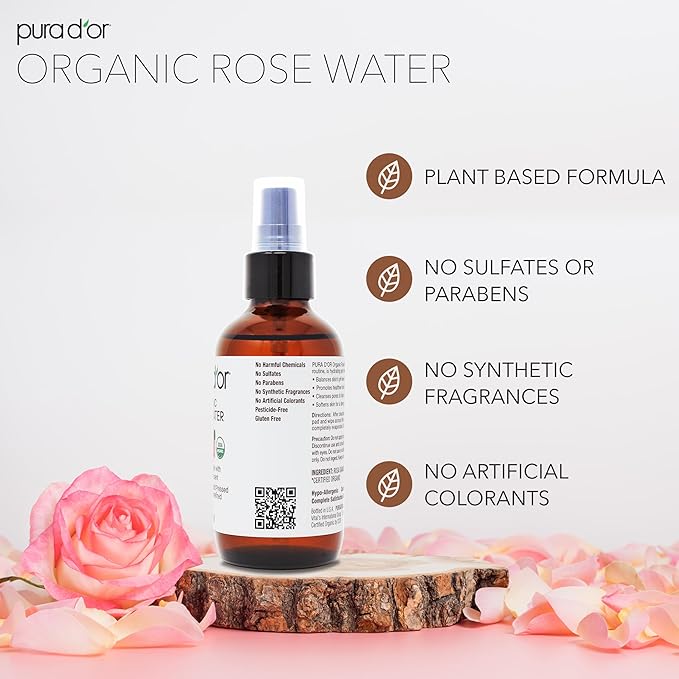 PURA D'OR 4 Oz Organic Rose Water Toner - USDA Certified 100% Pure Full Skin Hydration, Control Excess Oils- Cleanses & Softens - Promotes Healthy Skin - for All Skin Types (Packaging May Vary)