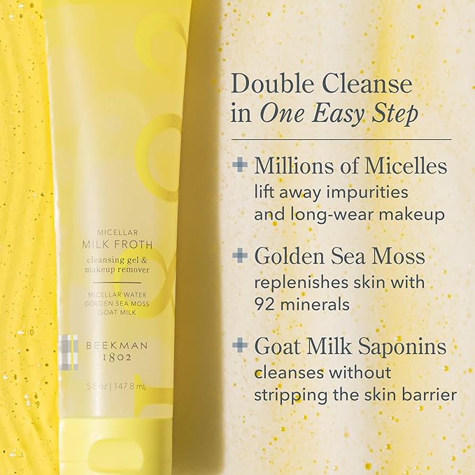 Beekman 1802 Micellar Milk Froth Gel to Foam Cleanser - 2 in 1 Cleanser and Makeup Remover, Goat Milk & Golden Sea Moss Cleanses and Replenishes Skin, Fragrance Free, Senitive Skin Safe, 5.0 fl. oz