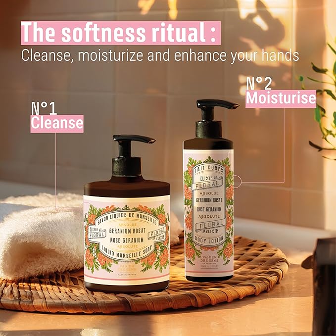 Panier des Sens –Geranium Hand & Body Lotion for Dry Skin - Hydrating Body Cream for Women - Nourishing Fluid Body Moisturizer Shea Butter & Olive Oil - 97% Natural Ingredients Body Care - 8.45 Floz