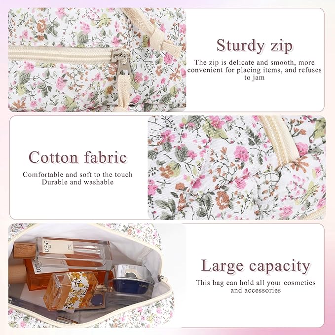 Anfly Makeup Bag, Quilted Cosmetic Bags, Large Floral Make Up Bag, Cute Makeup Bag 3PC Set for Women Girls (Little Flowers)