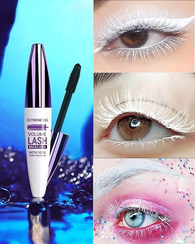 5D White Mascara Volume and Length, Longlasing Waterproof Colored Fiber Mascara for Eyelashes,Volumizing Curling Eye Lashes rimel de pestañas,Christmas Eye Makeup Gift for Women Girl Cosplay Stage Use
