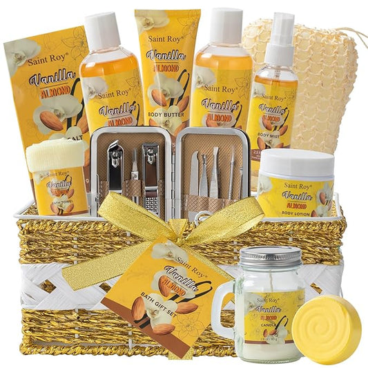 Bath & Body Gift Set, 19pcs Vanilla & Honey Almond Scents Bath Gift Baskets Home Spa Gift, Bath Spa Kit For Women and Men Luxury Home Spa Bath Gift Basket, Skin Care Gift Set, Spa Gifts, Pamper Gifts