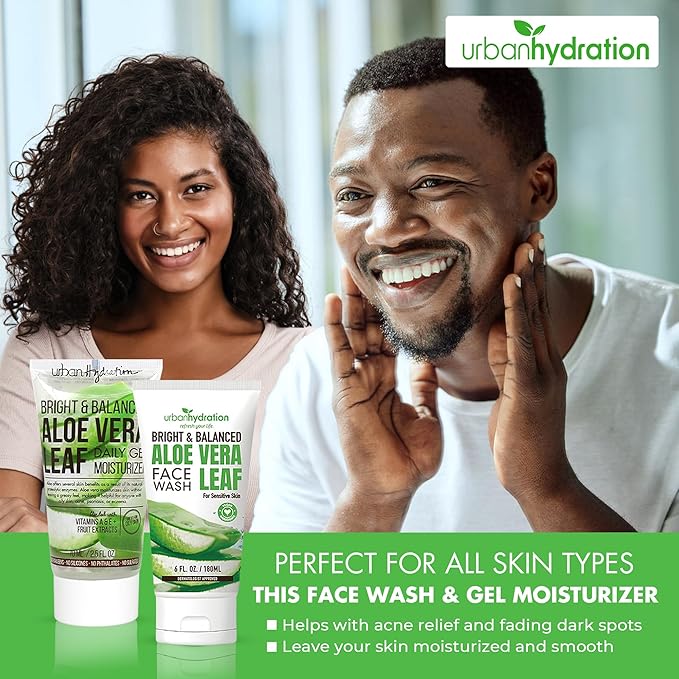 Urban Hydration Aloe Face Wash & Gel Moisturizer Bundle | Hydrating, Acne-Fighting, Lightweight, Smooth Skin | For All Skin Types | Bright & Balanced Skincare Duo | 6oz + 2.5oz
