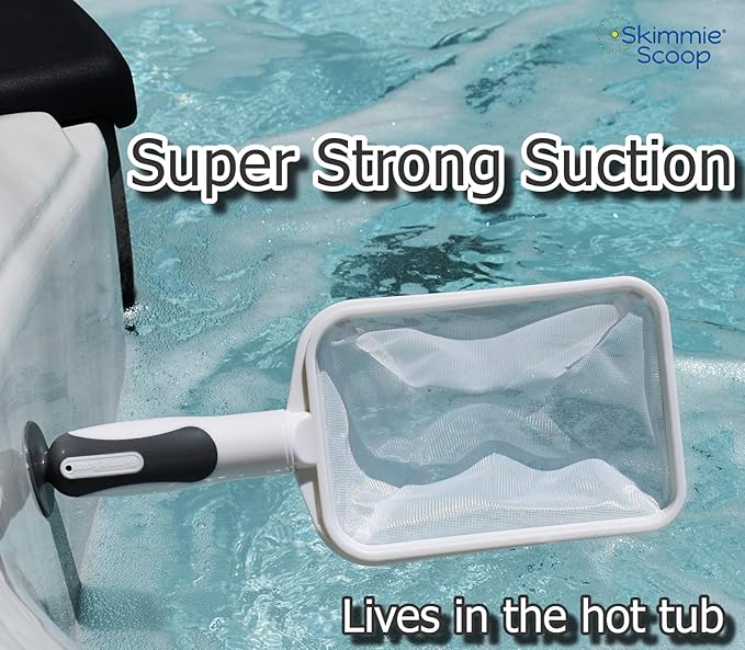 The Skimmie Scoop - Patented Handheld Skimmer with Fine Mesh Net for Spa, Hot Tub, Cold Plunge and Small Pool Cleaning - Lightweight and Durable with Powerful Suction Cup - Clean Out Filter (White)
