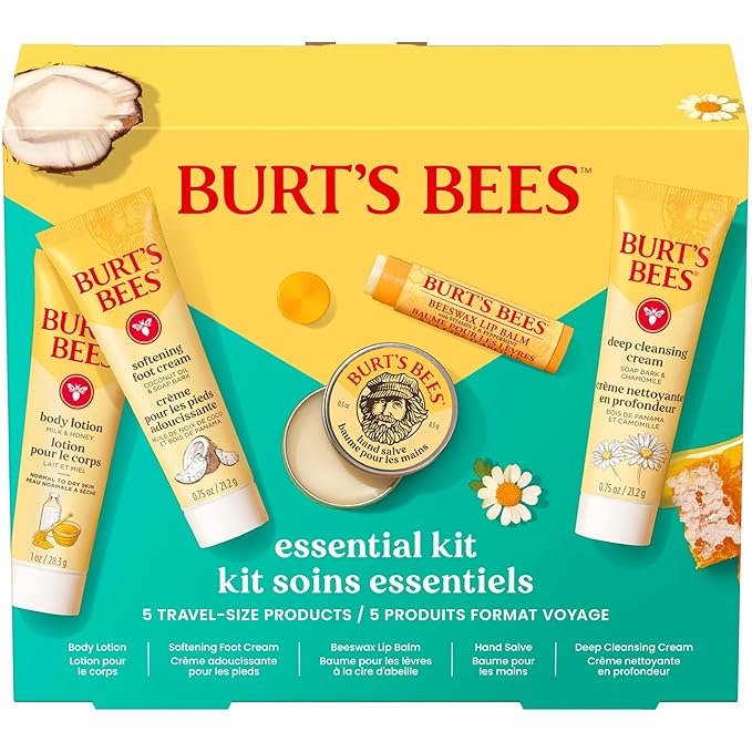 Burt's Bees Back to School Gift Ideas - Essentials Everyday Set, 5 Travel Size Products - Deep Cleansing Cream, Hand Salve, Body Lotion, Foot Cream and Original Lip Balm