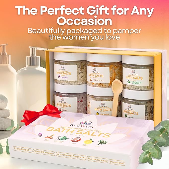 Bath Salts Gift Set for Women – Pack of 6 Scents: Lavender, Rose, Chamomile, Eucalyptus, Coconut, Orange – Epsom Salt Gift Set, Bath Crystals for Women Relaxing, Self Care Gift for Mom