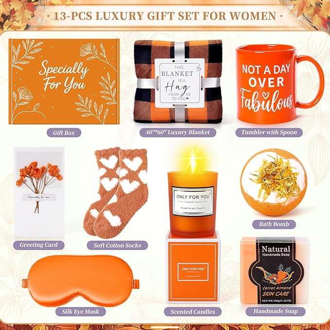 13PCS Fall Gifts Orange Gifts for Women,Thank You Birthday Baskets for Women Wife Mom Sister Friend Girlfriend Teacher Get Well Self Care Package Graduation,Sympathy,Retirement