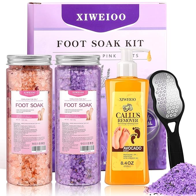 Himalayan Pink FOOT SOAK SALT Kit Tea Tree Oil - Moisturize, Foot Odor cream spa bath massager Epsom Salt foot pedicure at home spa Callus Remover Gel Kit Foot file tools