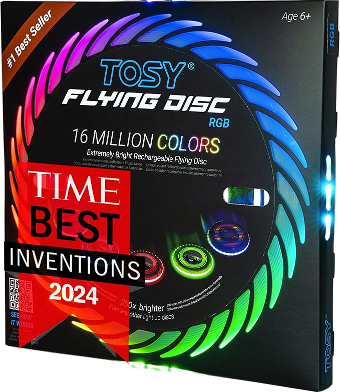 TOSY Flying Disc - 16 Million Colors RGB or 36 LEDs, Extremely Bright, Smart Modes, Camping Essentials for Teens/Kids/Adults/Men/Boys/Girls, Auto Light Up, Rechargeable, Waterproof, 175g