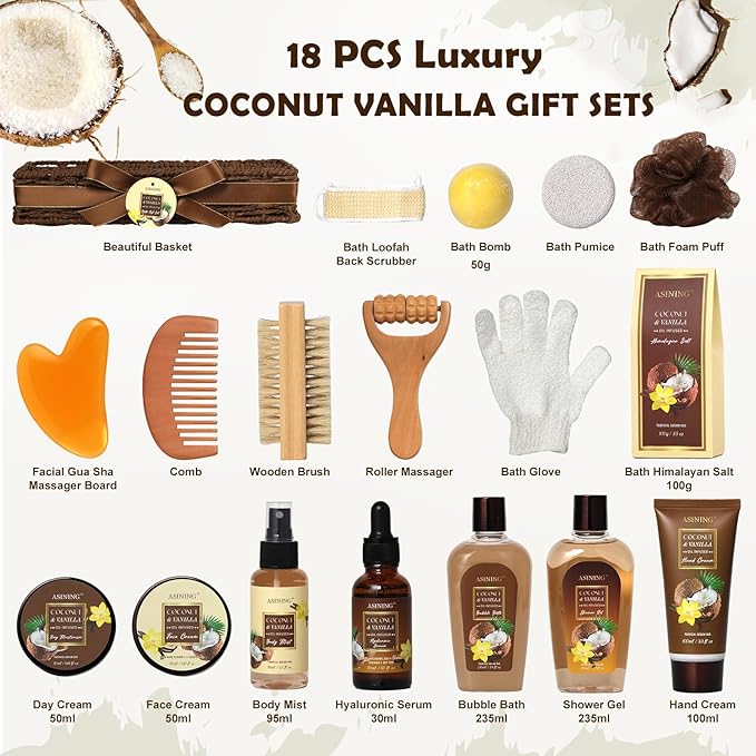 Spa Basket for Women, Coconut Vanilla Bath & Body Set, Christmas & Birthday Gift, Unique Gift with Bath Bombs, Body Lotion, Spa Bath Sets for men Gift Home Spa Set Luxurious Bath Gift & More