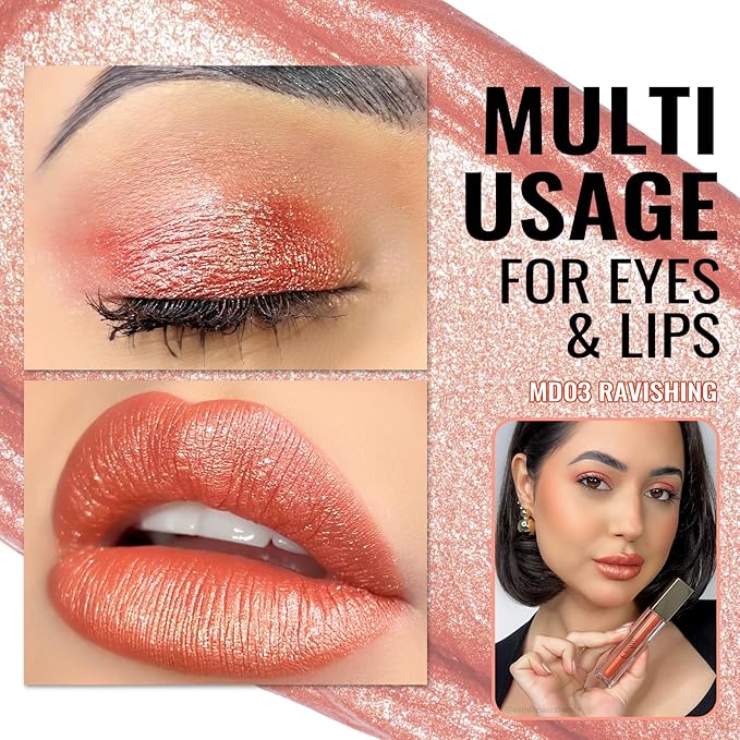 Oulac Orange Metallic Lipstick for Women, Lips & Eyeshadow 2 IN 1, Long Lasting Waterproof Lip Gloss, High Impact Lip Color, Oil-Based Formula, Vegan, MD03