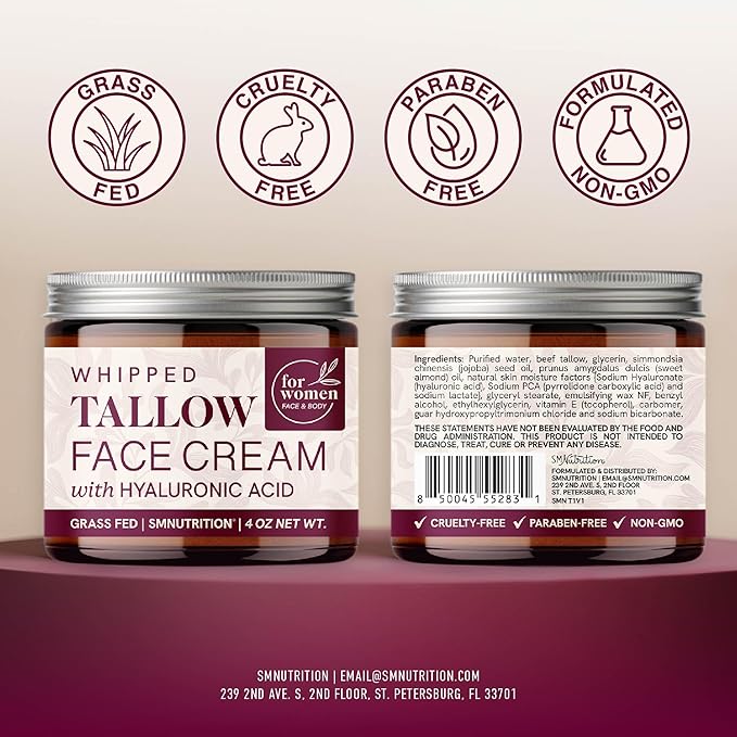 Beef Tallow Face Moisturizer for Women | With Hyaluronic Acid | Hydrating Whipped Beef Tallow for Skin Care for Women | With Jojoba & Sweet Almond Oil | Paraben & Cruelty-Free, Non-GMO | 4 oz