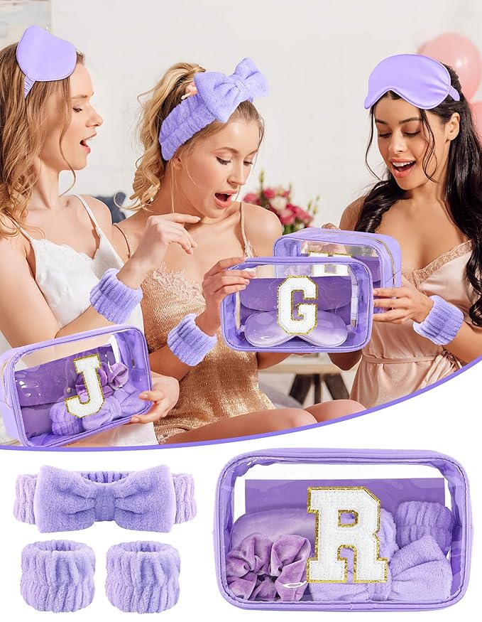 Gift Sets for Women, Initial Makeup Bag with Makeup Brush Set Bachelorette Party Favors, Purple Spa Kit with Skincare Headbands Wrist Bands Sleepover Party Supplies Gifts for Teen Girls Bridesmaid R