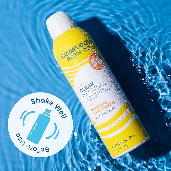 Seaweed Bath Co. Clear Moisture Mineral SPF 30 Broad Spectrum Sunscreen Spray - With Nourishing Algae, Coconut & Hyaluronic Acid - Tropical Scented - 6 oz (Pack of 2