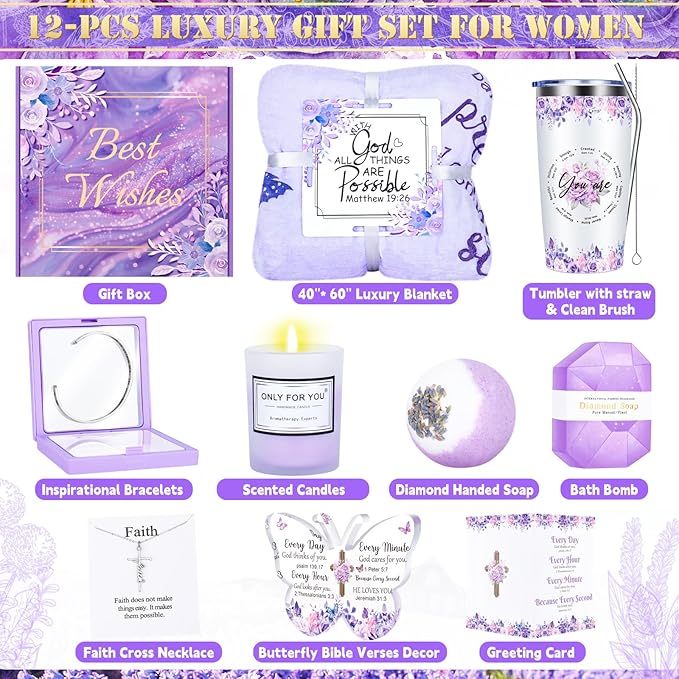 12PCS Christian Gifts for Women Faith, Inspirational Gifts for Women, Religious Catholic Gifts Basket,Purple Birthday Get Well Soon Gifts, for Mom Her Wife Girlfriend Friend Sister
