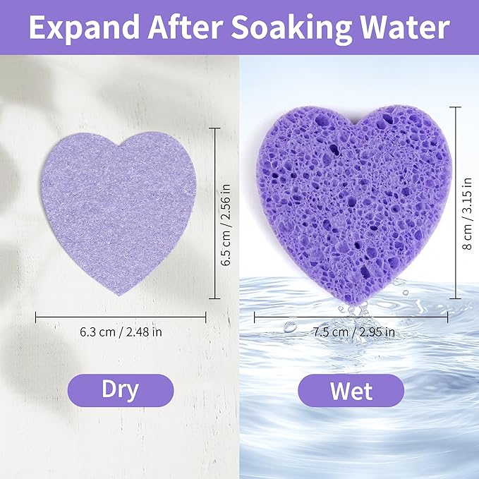 100-Count Compressed Facial Sponges, Heart Shape Face Sponge for Cleansing, Natural Cosmetic Spa Sponges for Facial Cleansing, Exfoliating Mask (Purple Heart Sponges)