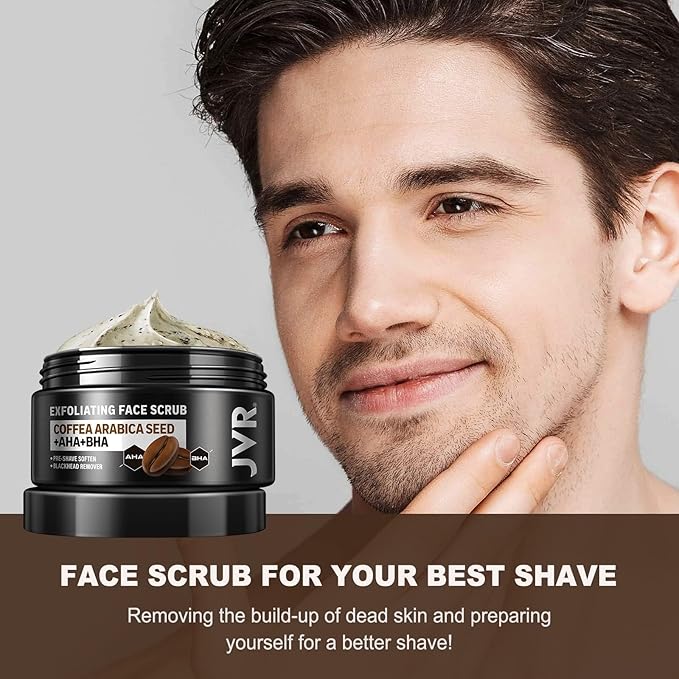 JVR Face Scrub for Men, Facial Scrub for Deep Exfoliating, Cleansing, Removing Blackheads, Ingrown Hair, Pre-shave Soften, Organic Formulated with Coffee Extract, AHA and BHA Face Exfoliator (4.23 oz)