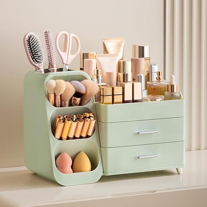 HBlife Makeup Organizer with Brush Holder for Vanity, Large Plastic Bathroom Countertop Organizer Skin Care Storage, Easy to Store Lipsticks, Nail Polishes, Perfumes, Eyeshadow Palettes, All Green