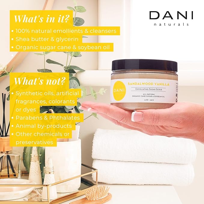 DANI Naturals Exfoliating Sugar Scrub - Warm Sandalwood Vanilla, featuring organic cane sugar and shea butter, gently exfoliates and deeply nourishes for smooth, radiant, and hydrated skin – 14 oz