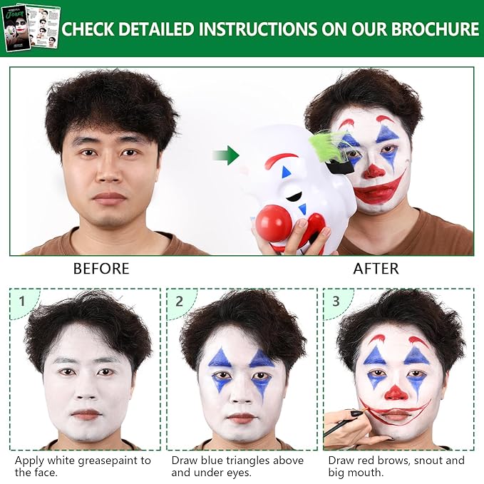 Halloween Joker/Clown Makeup, Complete Joker/Clown Makeup Kit Face Paint SFX Character Set, Professional Joker Make Up Kits for Art Costume, Dress-Up Party, Cosplay, Stage & Film