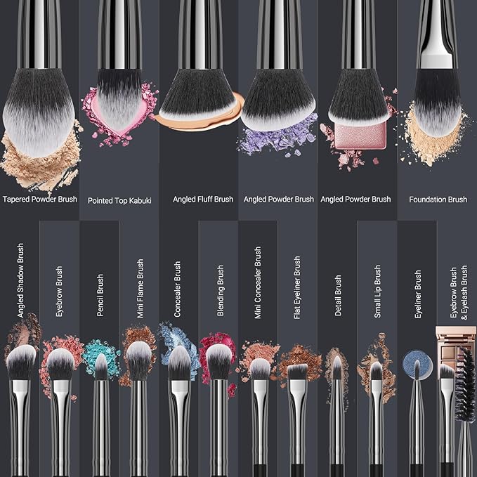 Makeup Brushes, 18 pcs Pro Deluxe Make up Brush Set with Travel holder, Premium Powder Foundation Blending Concealer Blush Eyeshadow Face and Eye Make up Brushes kit with labels for Beginner(Black)