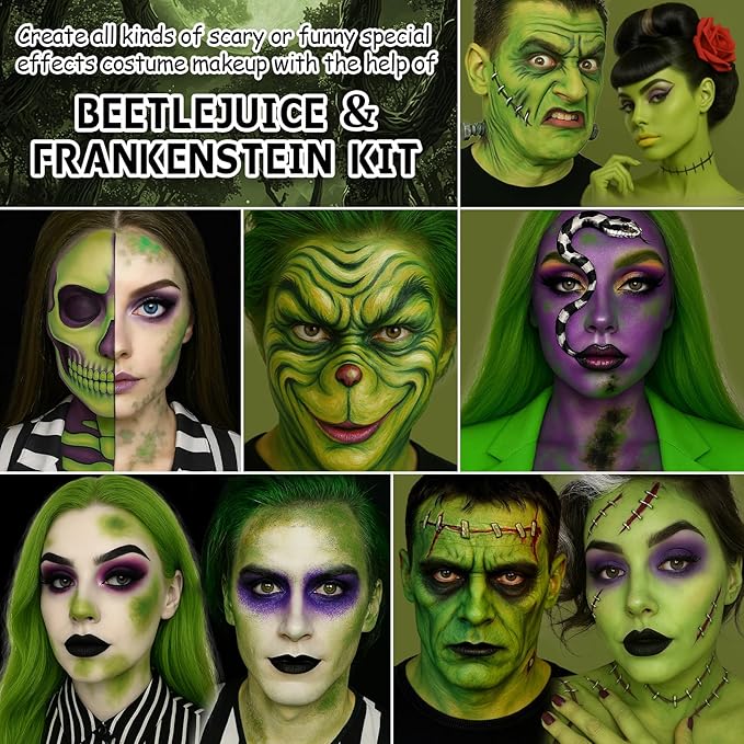 Halloween Beetle-juice Makeup & Frankenstein Makeup Kit, Face Paint SFX Character Set with Black Lipstick & Applicators for Ghost, Zombie, Grinch Special Effects Make Up, Costume Cosplay Party & Stage