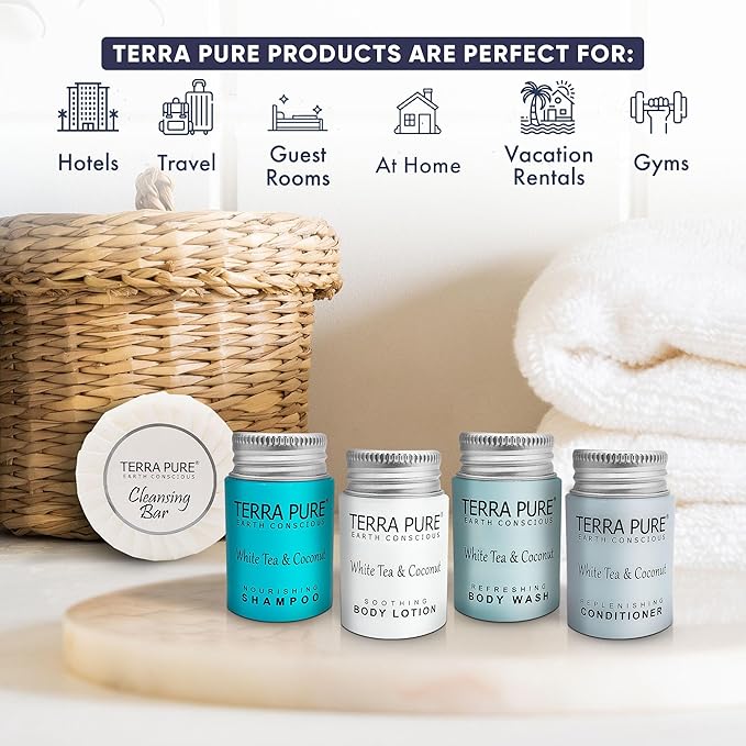 Terra Pure White Tea & Coconut Toiletries Set | 1-Shoppe Amenities Kit | 1oz Shampoo & Conditioner, Body Wash, Lotion, 1.25oz Bar Soap | Travel Size | 150 Pieces