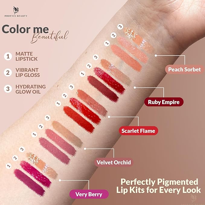 Lip Trio – Matte Red Lipstick + Gloss & Lip Oil | Smudge-Proof Lipstick + Hydrating Lip Care with Jojoba and Vit-E | Vegan, Clean, Non-Toxic, Summer-Ready Gift Set (Scarlet Flame)