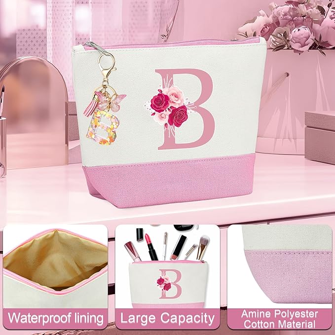Initial Canvas Tote Bag,Birthday Gifts for Women,Monogrammed Gifts for Women,Initial Glass Cup,Personalized Gifts for Women,Initial Makeup Bag,Unique Gifts for Mom Sister Bestie-B
