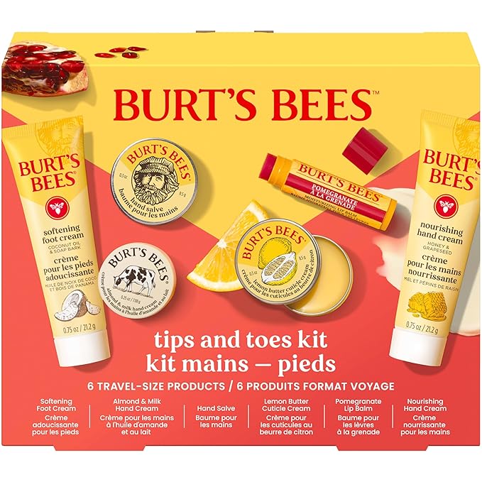 Burt's Bees Back to School Gift Ideas, Tips and Toes Kit, 6 Travel Size Products - Pomegranate Moisturizing Lip Balm, 2 Hand Creams, Foot Cream, Cuticle Cream, and Hand Salve