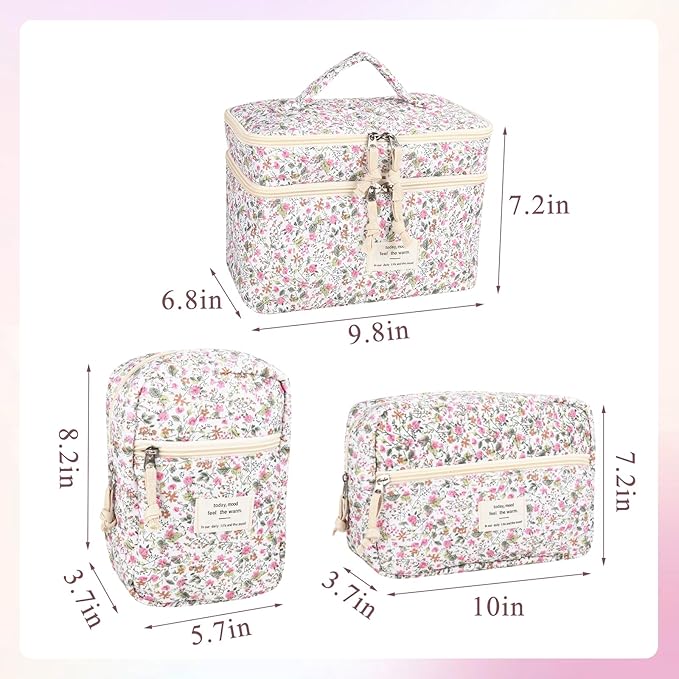 Anfly Makeup Bag, Quilted Cosmetic Bags, Large Floral Make Up Bag, Cute Makeup Bag 3PC Set for Women Girls (Little Flowers)
