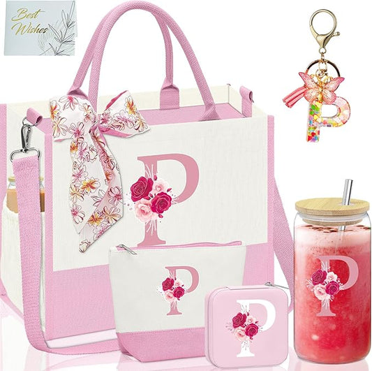 Monogrammed Gifts for Women,Personalized Gift for Women,Initial Canvas Tote Bag,16oz Initial Glass Cup,Initial Makeup Bag,Initial Jewelry Organizer Box,Birthday Gifts for Aunt Niece-P