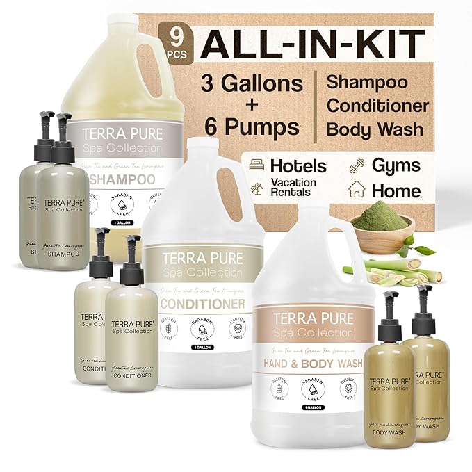 Spa Collection Gallon & Dispenser Set | 1-Shoppe Amenities Kit | Shampoo, Conditioner, Body Wash | Refillable 10.14 oz Pump Bottles